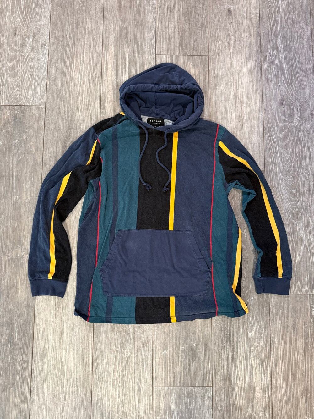 Men's Pacsun Striped Pullover Hoodie Multicolor Navy Green Yellow Red Size M